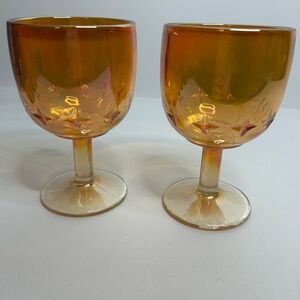 Vintage Marigold Carnival Glass Iridescent 4 Pointed Star MCM Wine Glasses Set 2